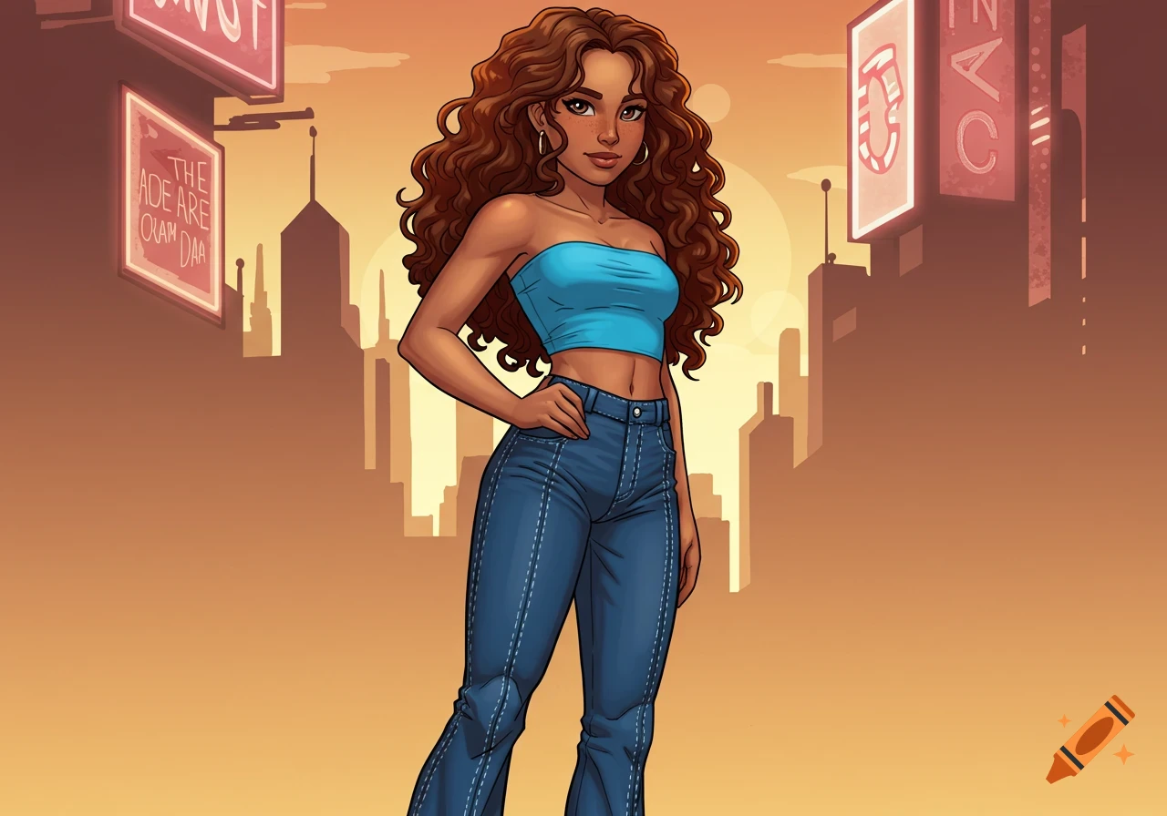 A young Latina woman with long wavy brown hair, wearing a blue tube top and jeans, stands in a DC comic art style against a city skyline at sunset.