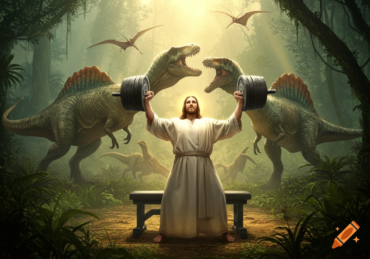 Jesus Christ performs an overhead lift with a barbell, flanked by a roaring Spinosaurus and T-Rex also holding dumbbells in a lush jungle with pterodactyls flying overhead.