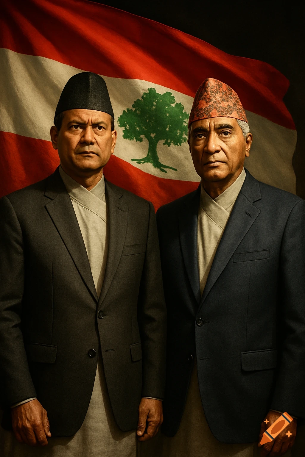 Two serious-looking Nepali men in traditional Daura Suruwal and coats with topis stand against a waving flag with a green tree.