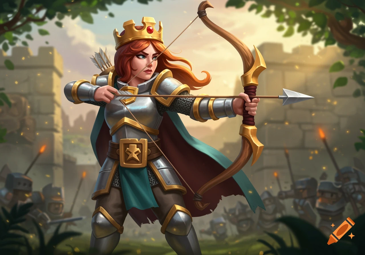 A stylized archer queen in golden armor and a crown, holding a bow and arrow, in front of a castle under attack.