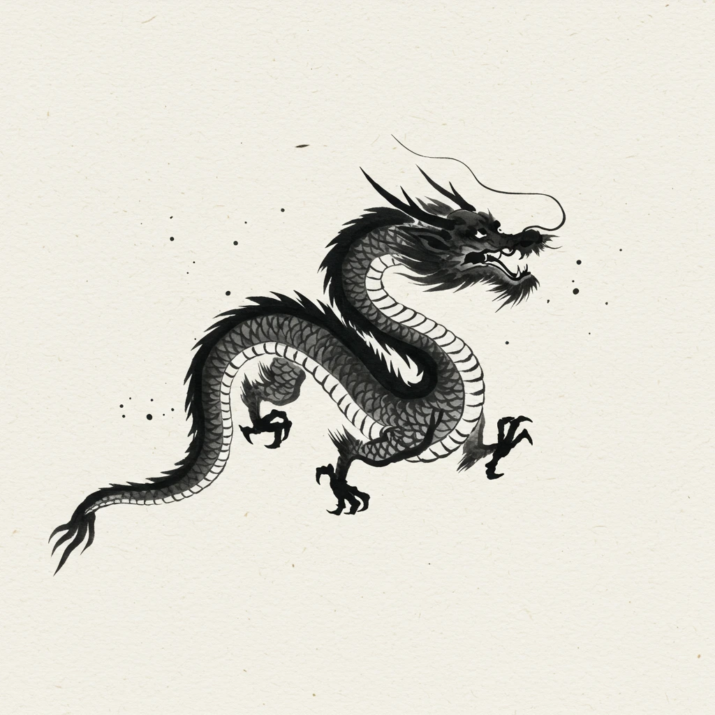dragon rendered in traditional Japanese ink painting style with minimalist brush strokes