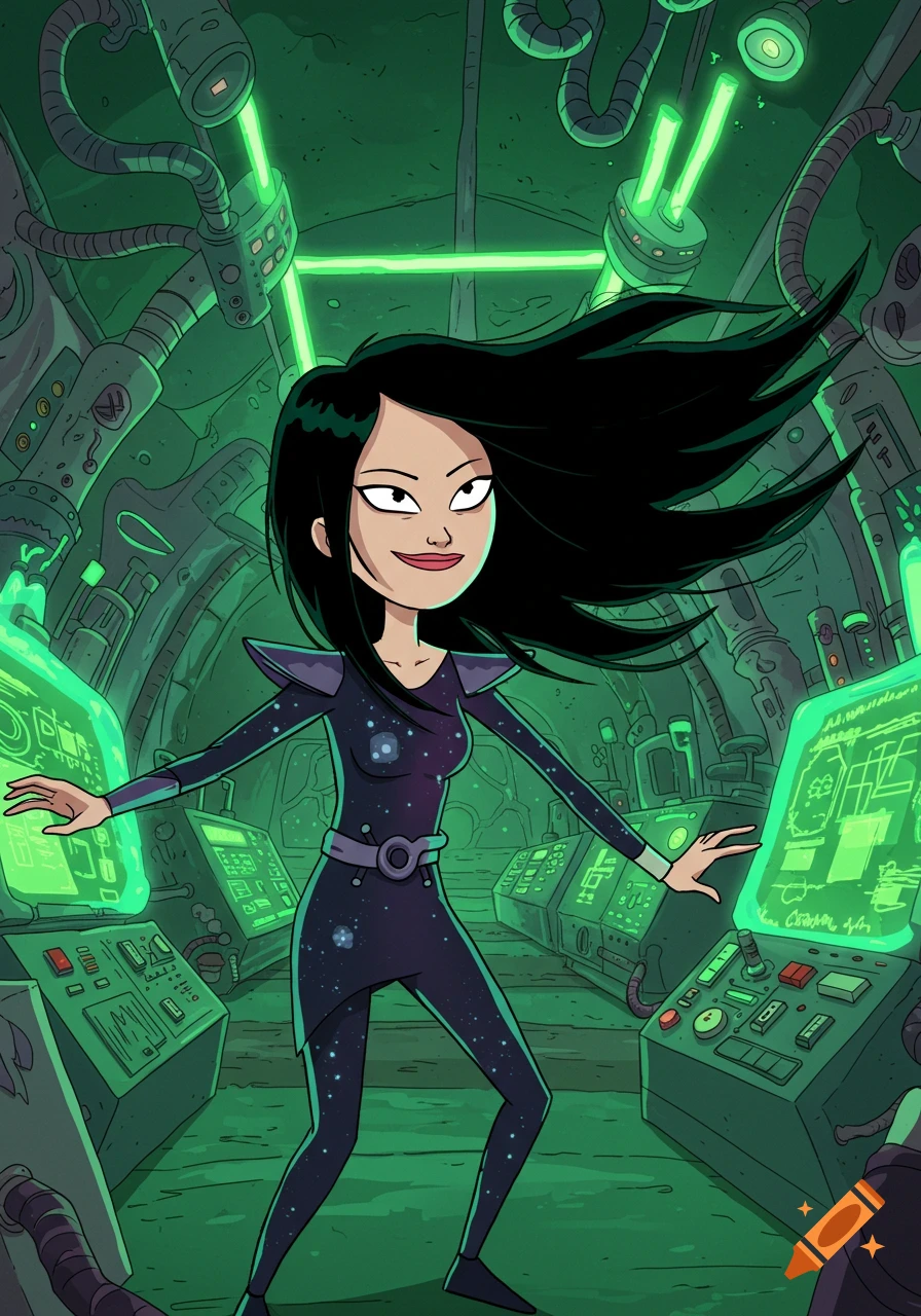 Rick and Morty style art of an Asian woman with long black hair in a green-lit spaceship control room.