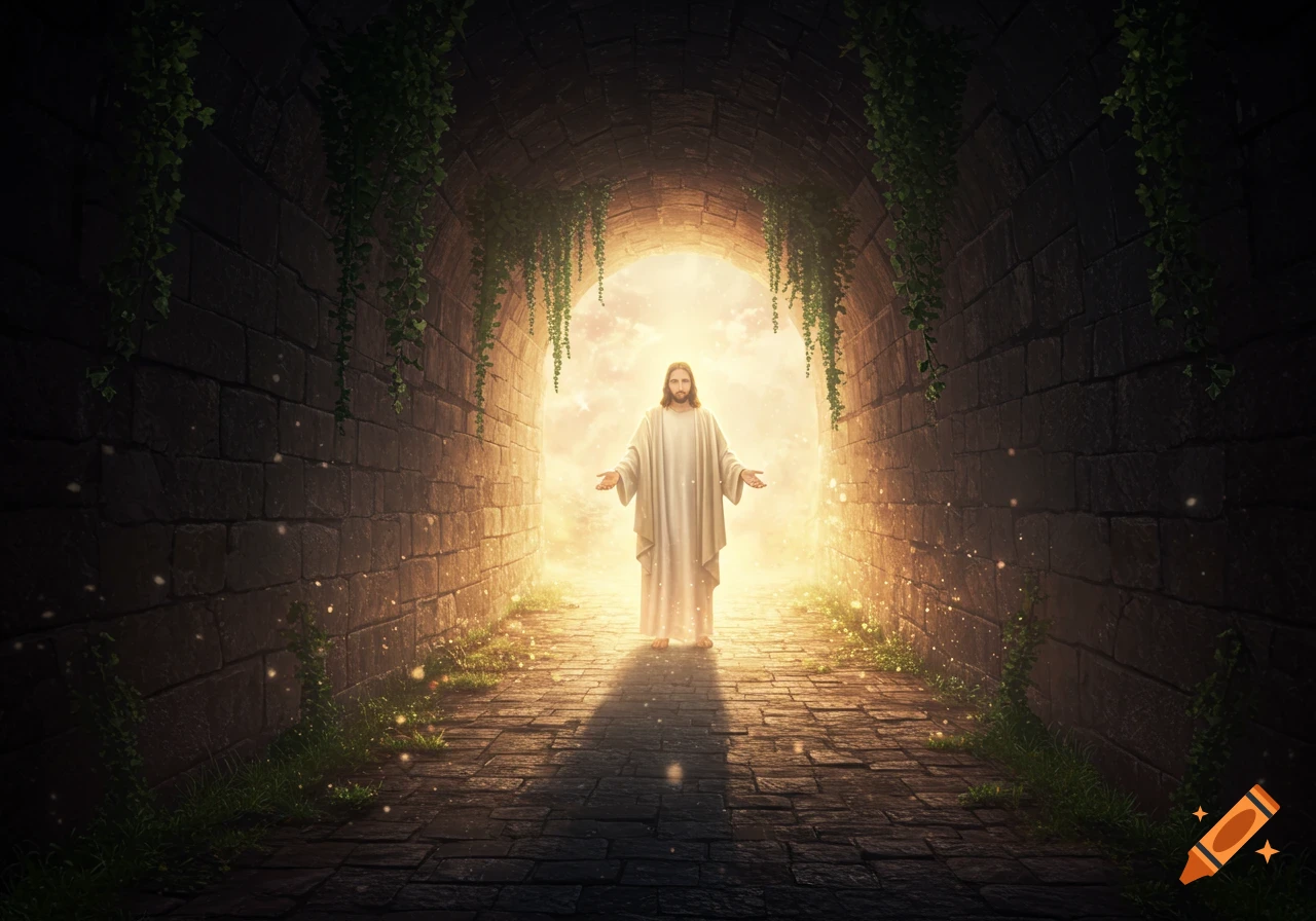 Jesus Christ stands in bright light at the end of a stone tunnel with vines and a glowing sky.
