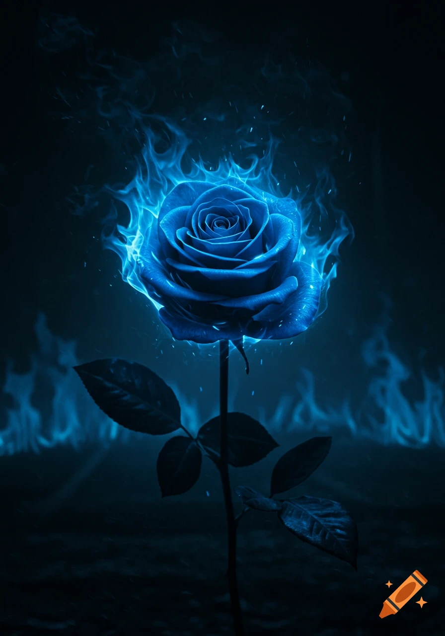 A single vivid blue rose enveloped in bright blue flames, against a dark  background with blue fire. on Craiyon, image size:896x1280