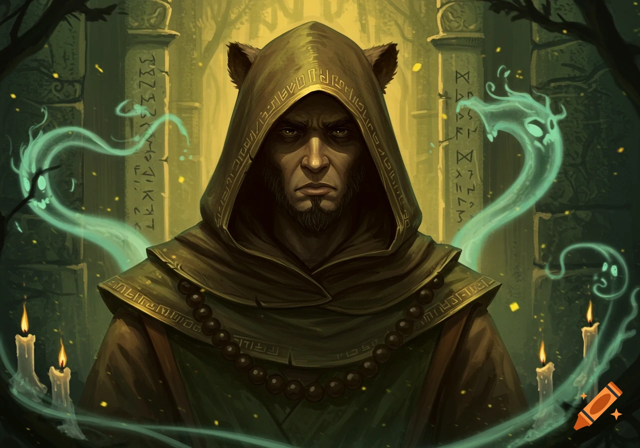 A stern, hooded figure with animal ears, surrounded by glowing spirits and candles in a dark, ancient ruin.