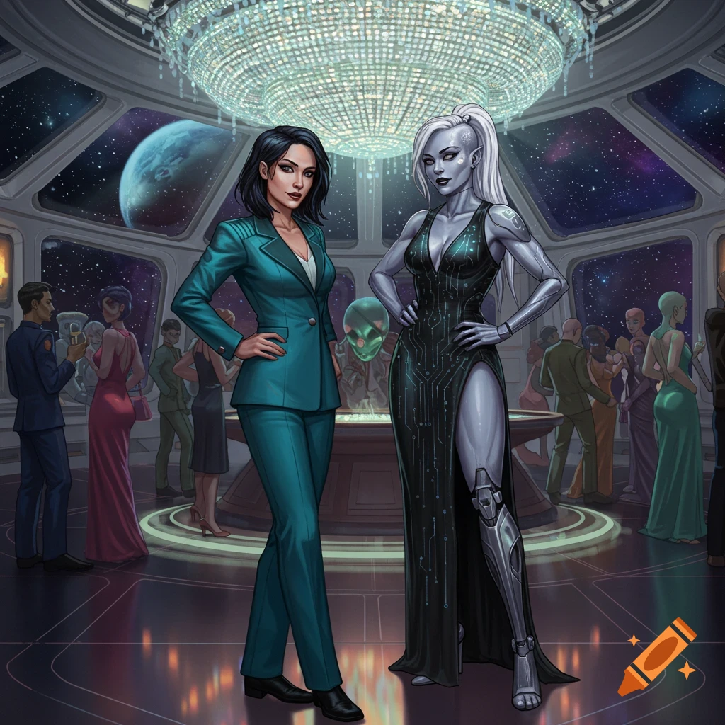 Two women, one in a teal suit and one in a black gown with robotic leg, stand at a glamorous sci-fi gala with aliens and space views.
