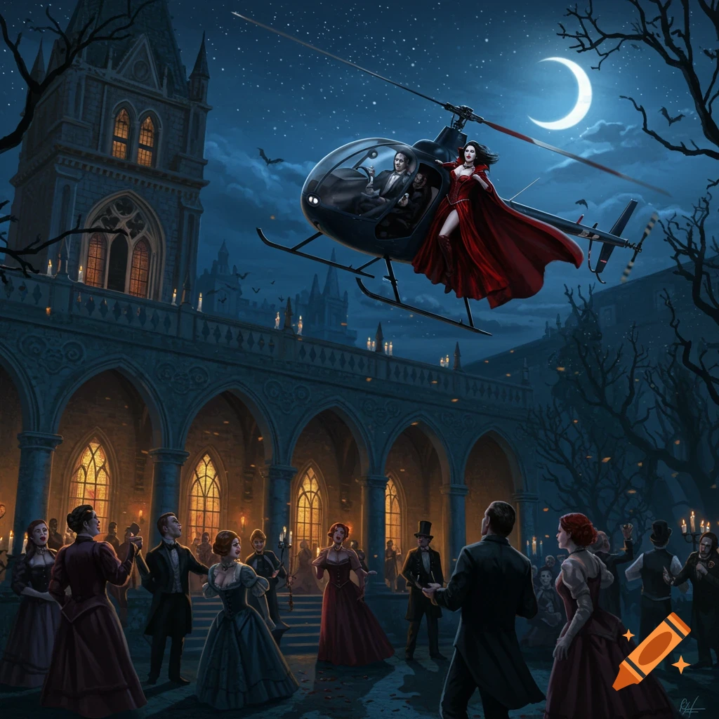 A woman in a red cape exits a vampire party at a Gothic mansion in a helicopter under a crescent moon, with bats flying.