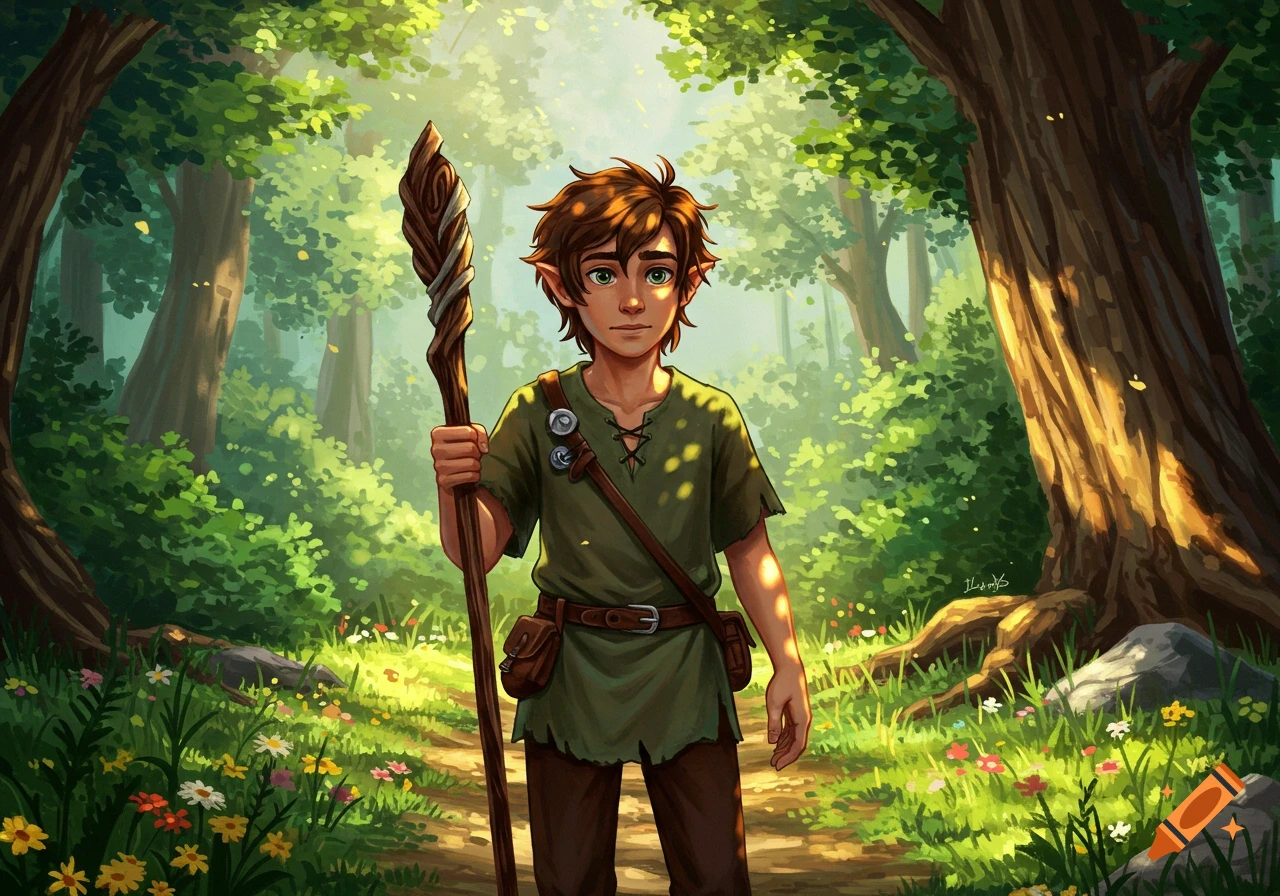 An illustration of a young, elf-like boy with a staff standing on a sunlit forest path.