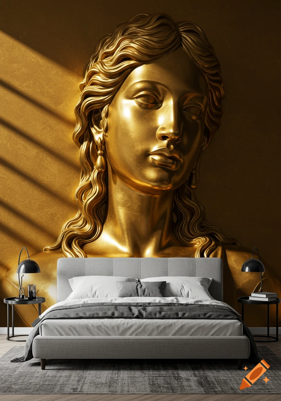 A bedroom with a large golden sculpture bust of a woman on the wall above a grey bed.