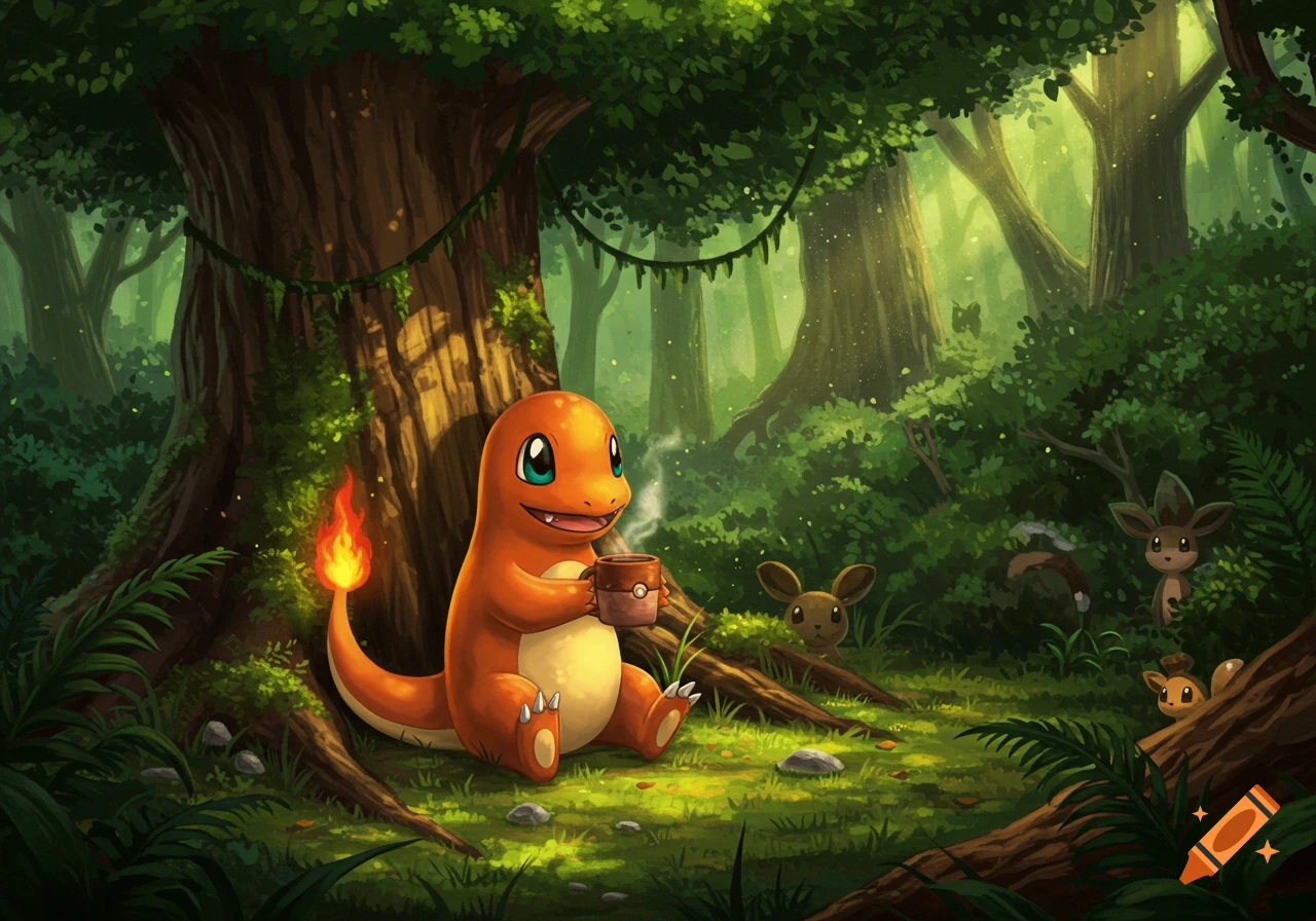 Cartoon illustration of Charmander sitting in a lush forest, drinking from a mug with steam rising, as other small creatures peek from the foliage.