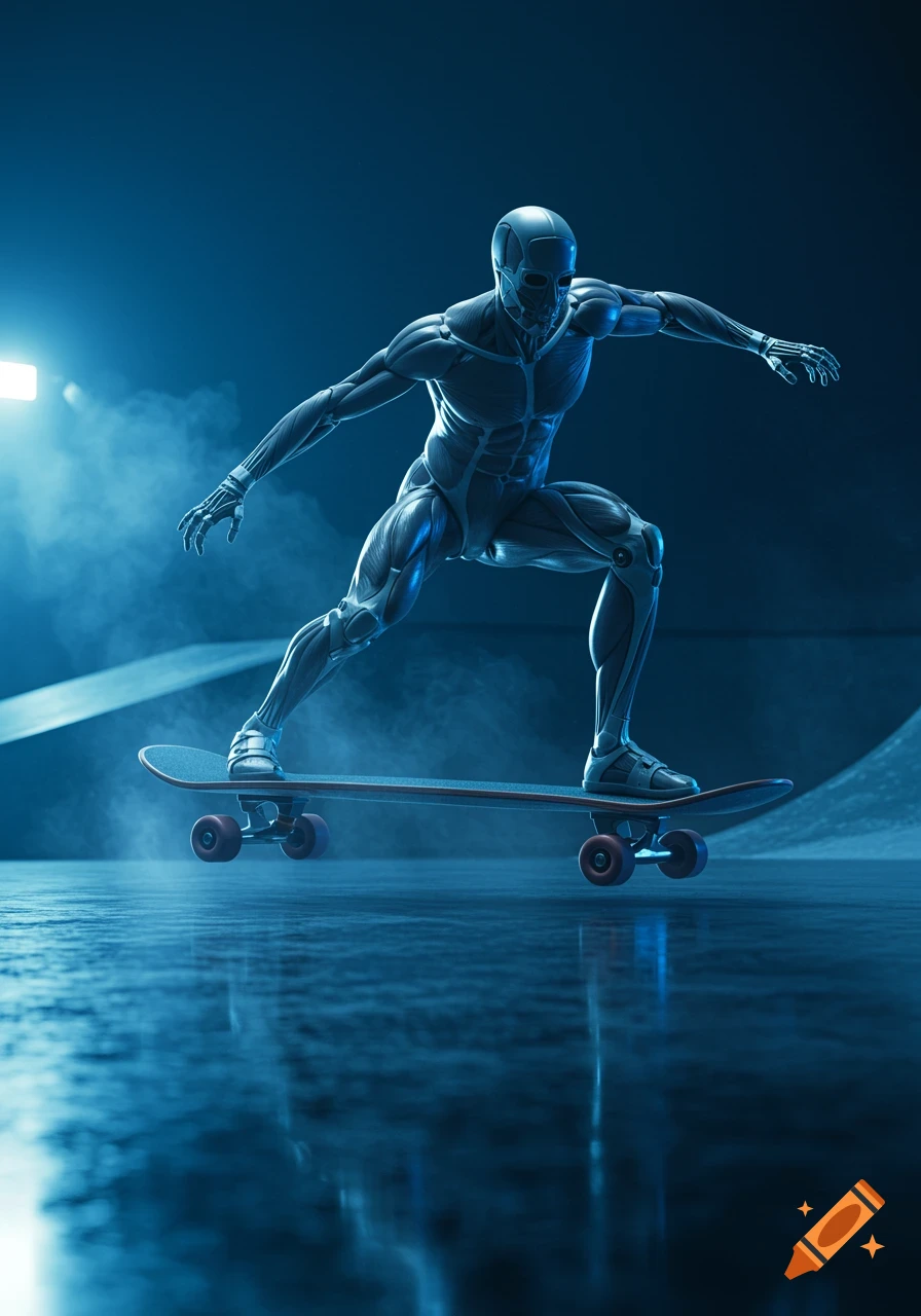 A detailed, blue-lit anatomical cyborg figure skateboards on a dark, wet surface with reflections and mist.