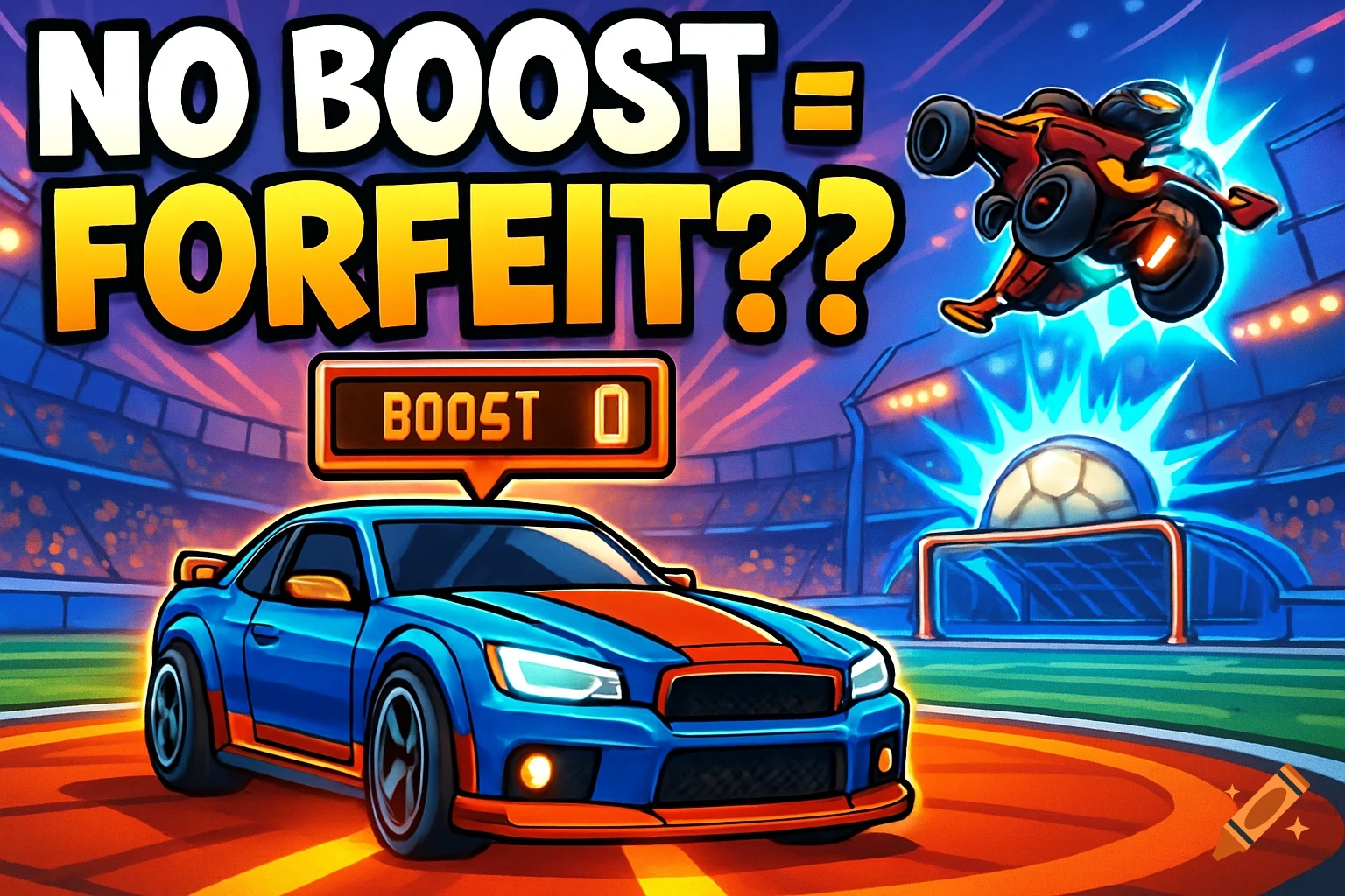 A cartoon Rocket League thumbnail with a blue car and a red car, text reads "NO BOOST = FORFEIT??" and "BOOST 0".