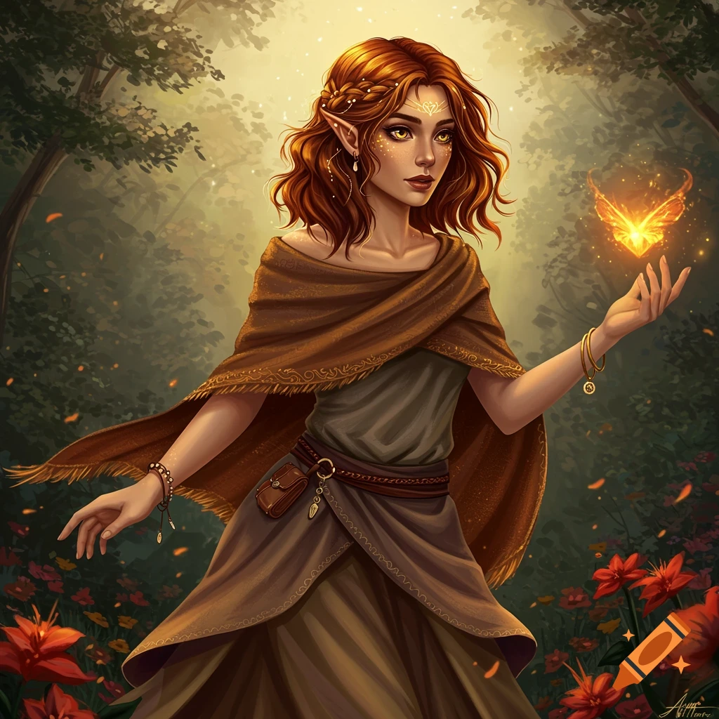 An elf with auburn hair and golden flecks on her face stands in a forest, holding out her hand to a glowing orange butterfly.