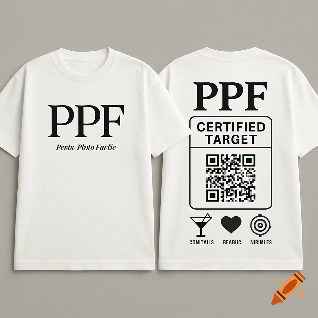 Two white t-shirts with black text and graphics. The front t-shirt has "PPF" and "Pertw Ptoto Favlie". The back t-shirt has "PPF", "CERTIFIED TARGET", a QR code, and icons for a cocktail, heart, and target with garbled text underneath.