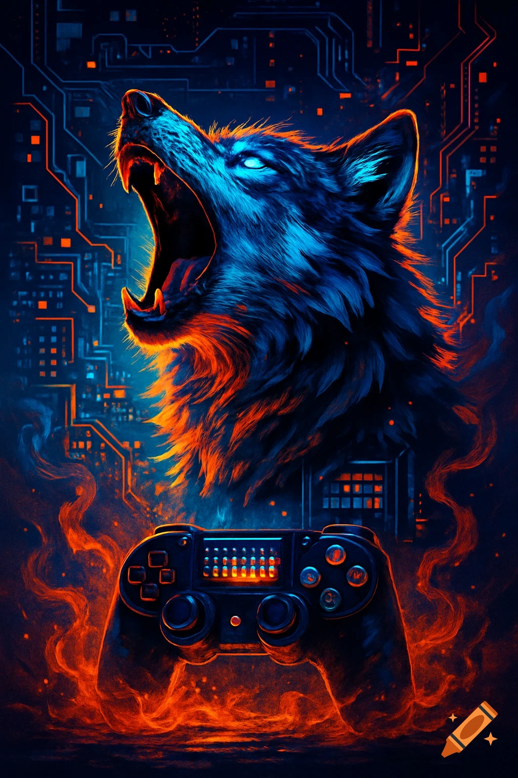 A stylized blue and orange wolf head howling above a gaming controller surrounded by flames and circuit patterns.