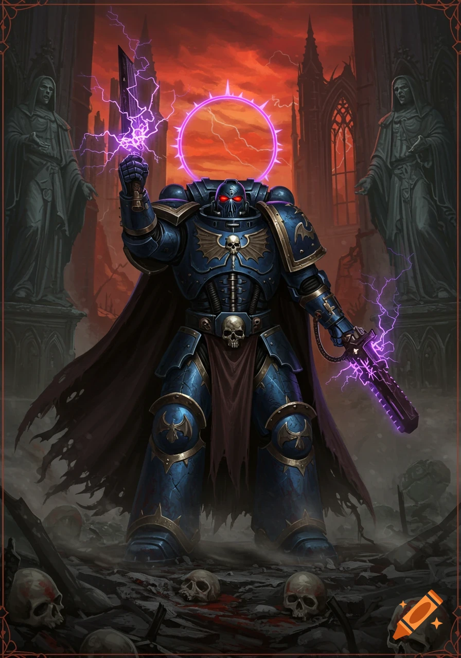 An armored Space Marine with red eyes and glowing purple lightning stands amidst gothic ruins and skulls under a red sky.