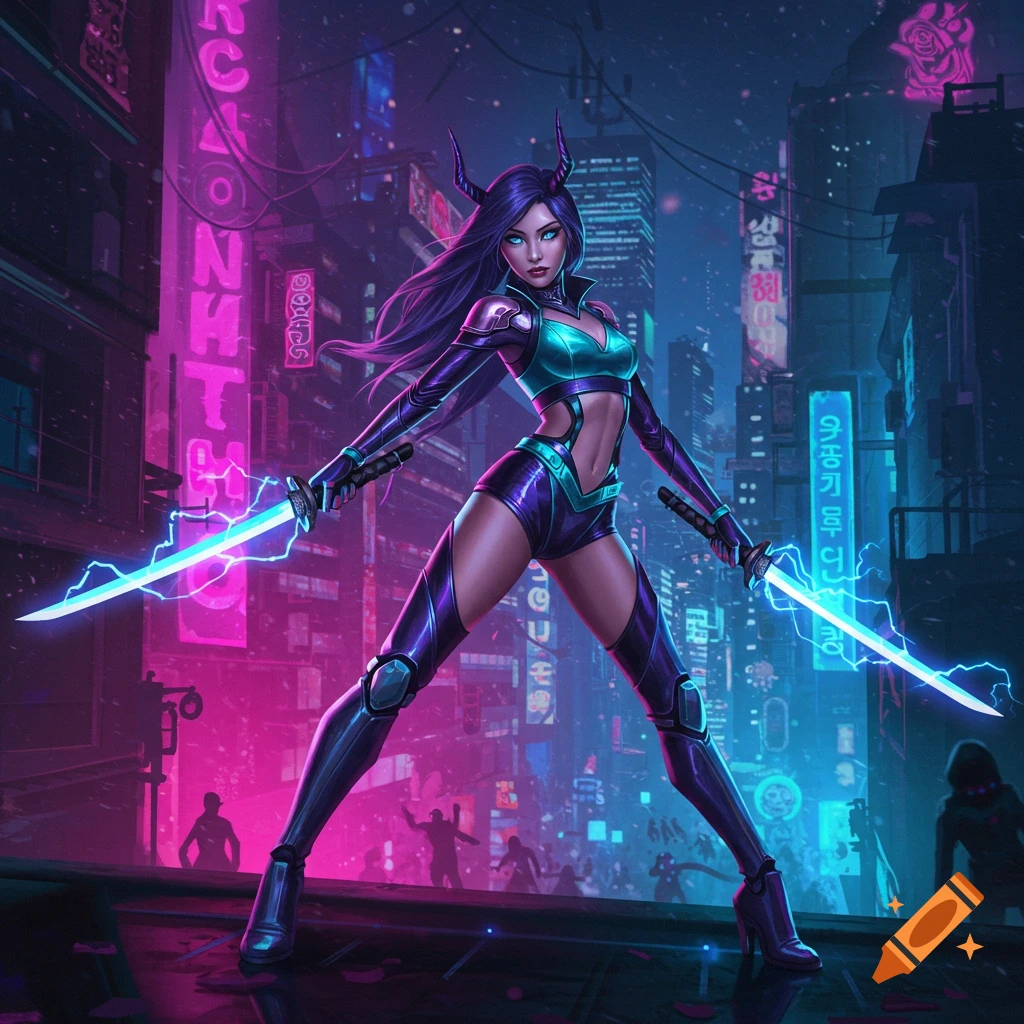 A purple-haired woman with horns and glowing blue swords stands in a neon cyberpunk city street at night.