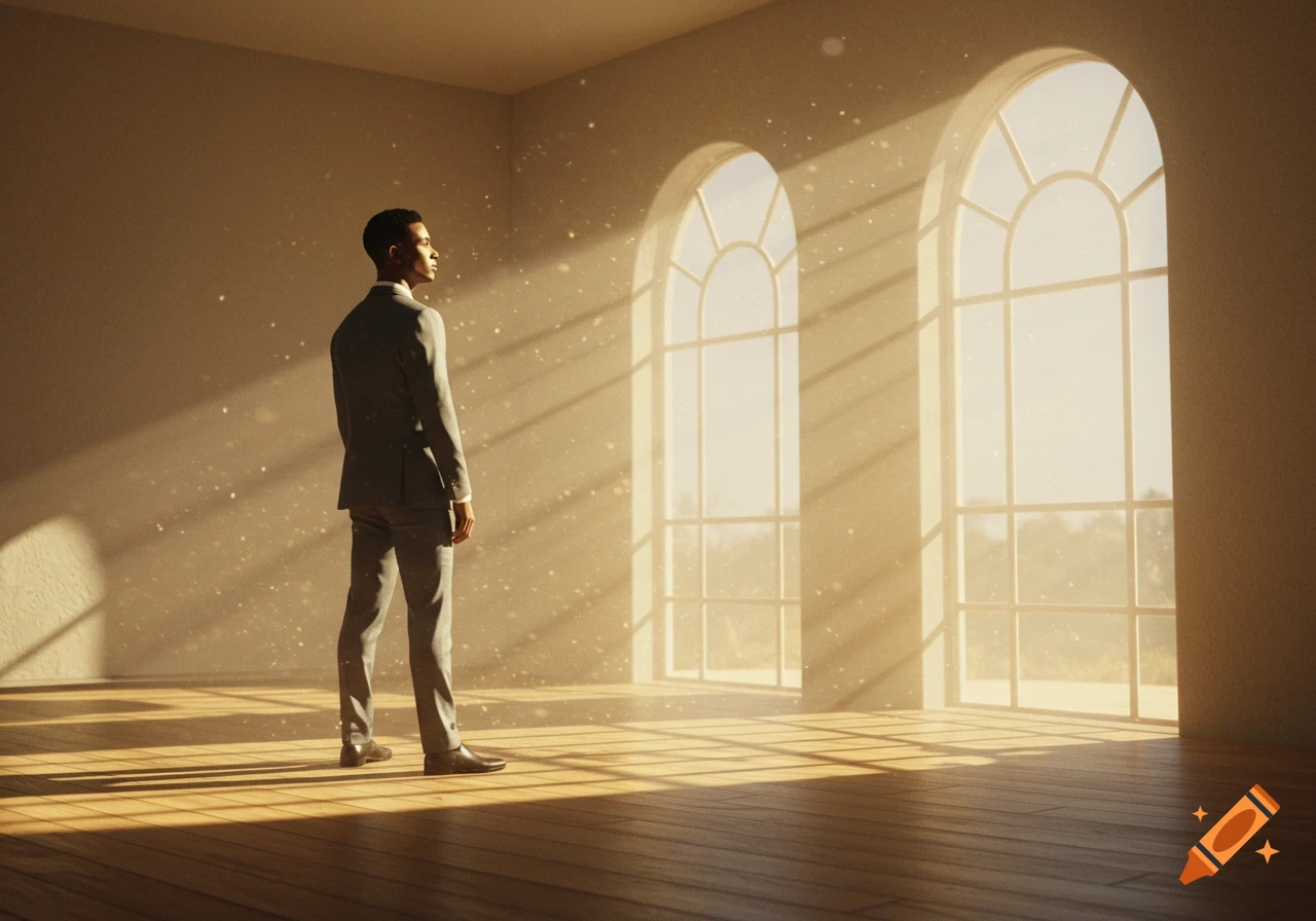 A man in a suit stands in a sunlit room with arched windows, light beams showing dust motes.