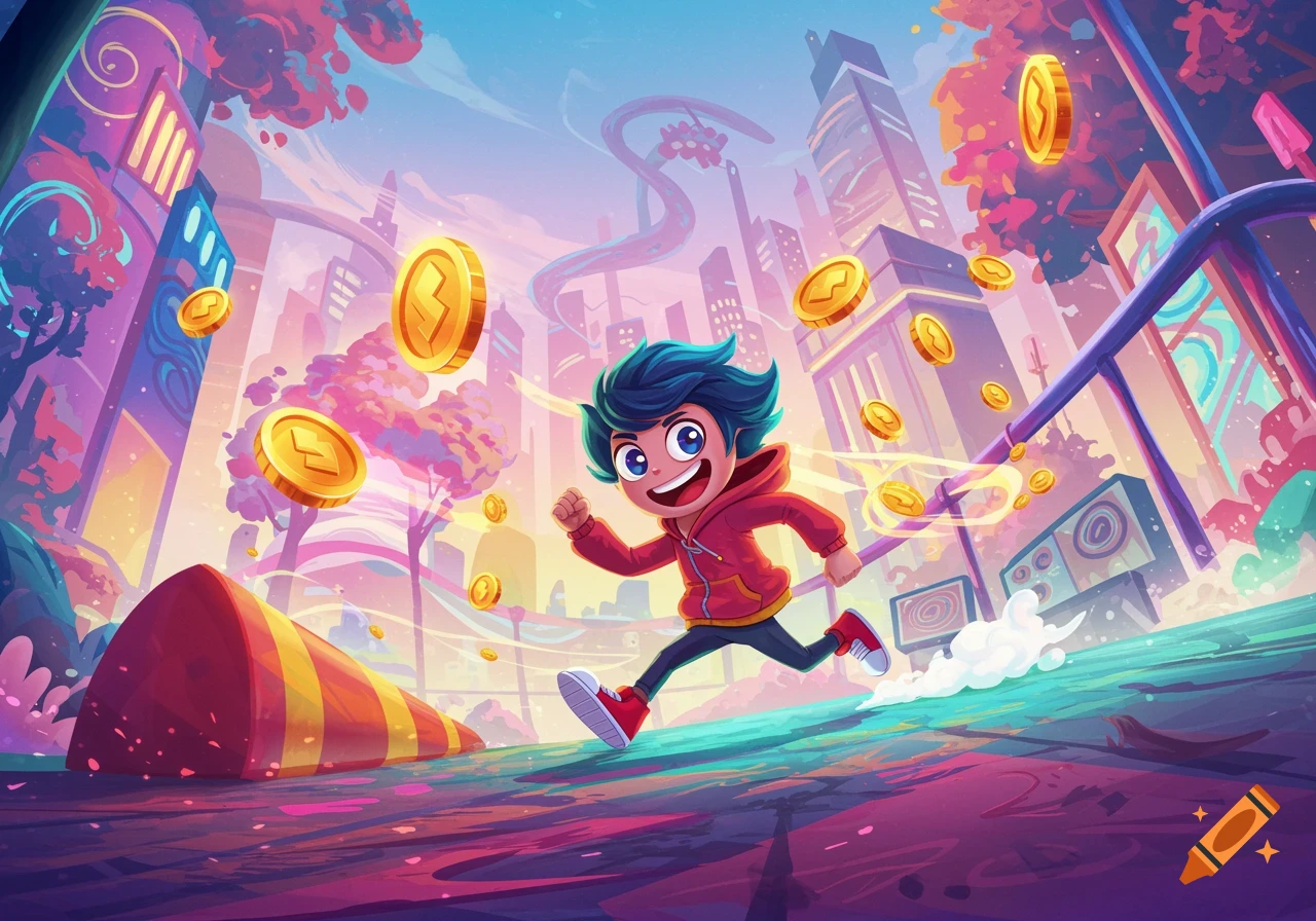 Cartoon boy with blue hair running through a colorful, futuristic city with floating gold coins.