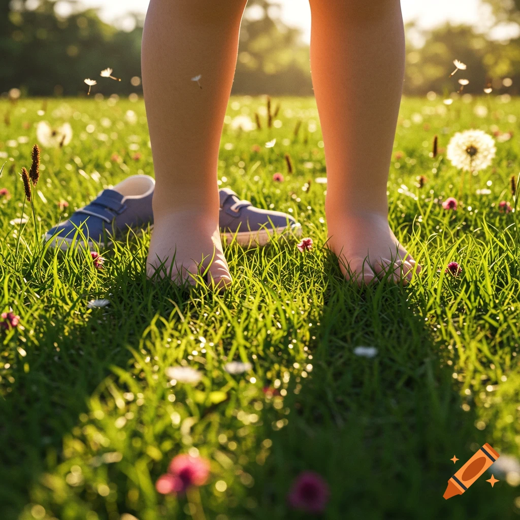 Bare feet standing in sunlit green grass with blue shoes nearby and wildflowers.