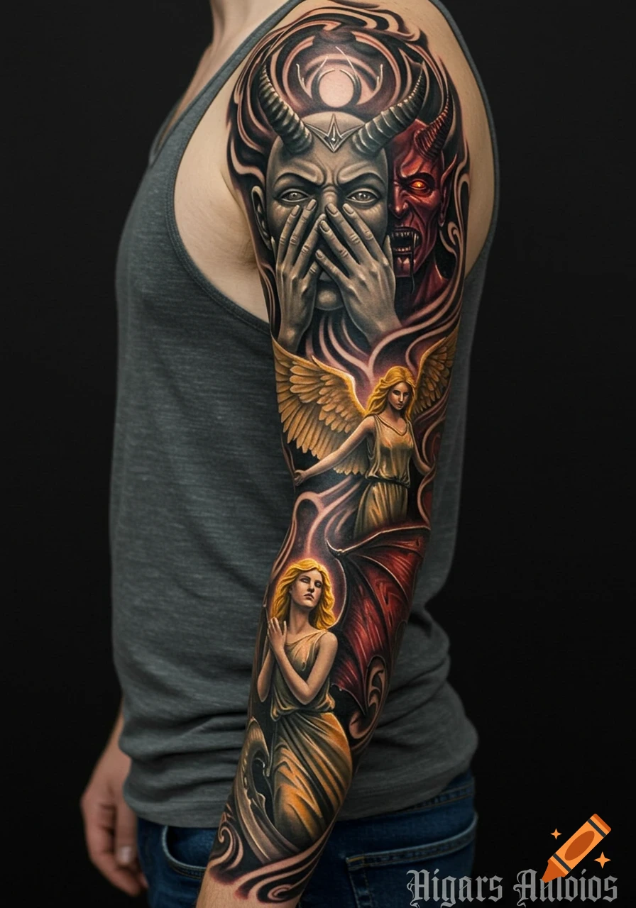 A detailed full sleeve tattoo on an arm, featuring dark fantasy art with a horned figure, a red demon, an angel, and a winged figure.