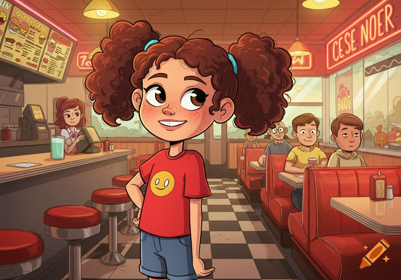 A cartoon drawing of a smiling girl with curly pigtails and a red shirt standing confidently in a retro diner.