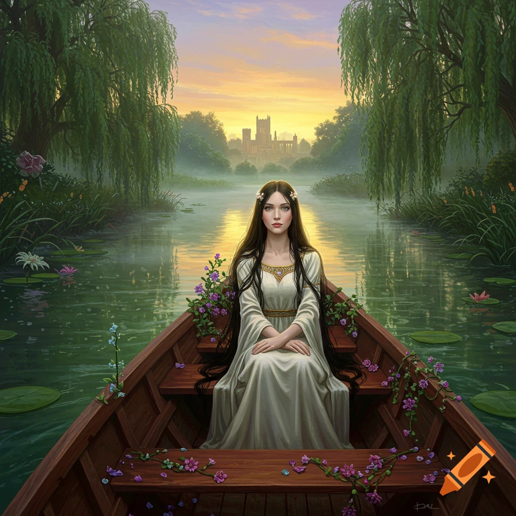 A woman in a white gown sits in a wooden boat on a river, with willow trees and a castle in the distance at sunset.