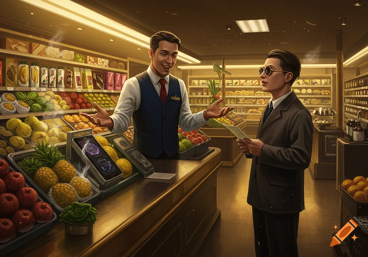 A smiling salesperson gestures to a customer holding papers in a well-lit supermarket produce section.