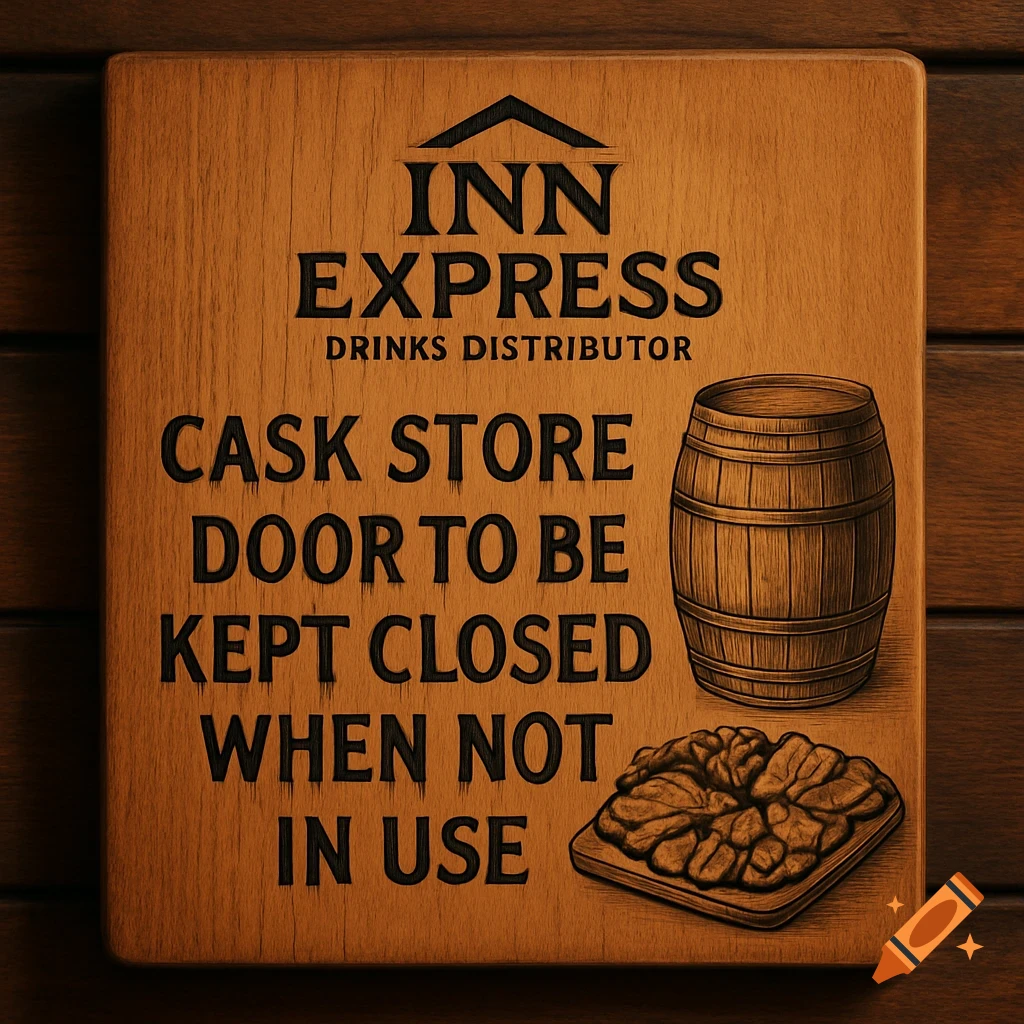 A rustic wooden sign for 'Inn Express Drinks Distributor' with text 'Cask store door to be kept closed when not in use,' featuring a barrel and a pile of nuts.