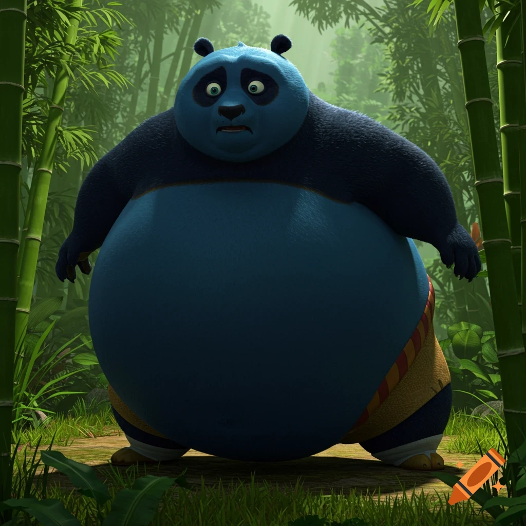 A large, dark blue, inflated panda, resembling Po, with a nervous expression in a 3D animated jungle.