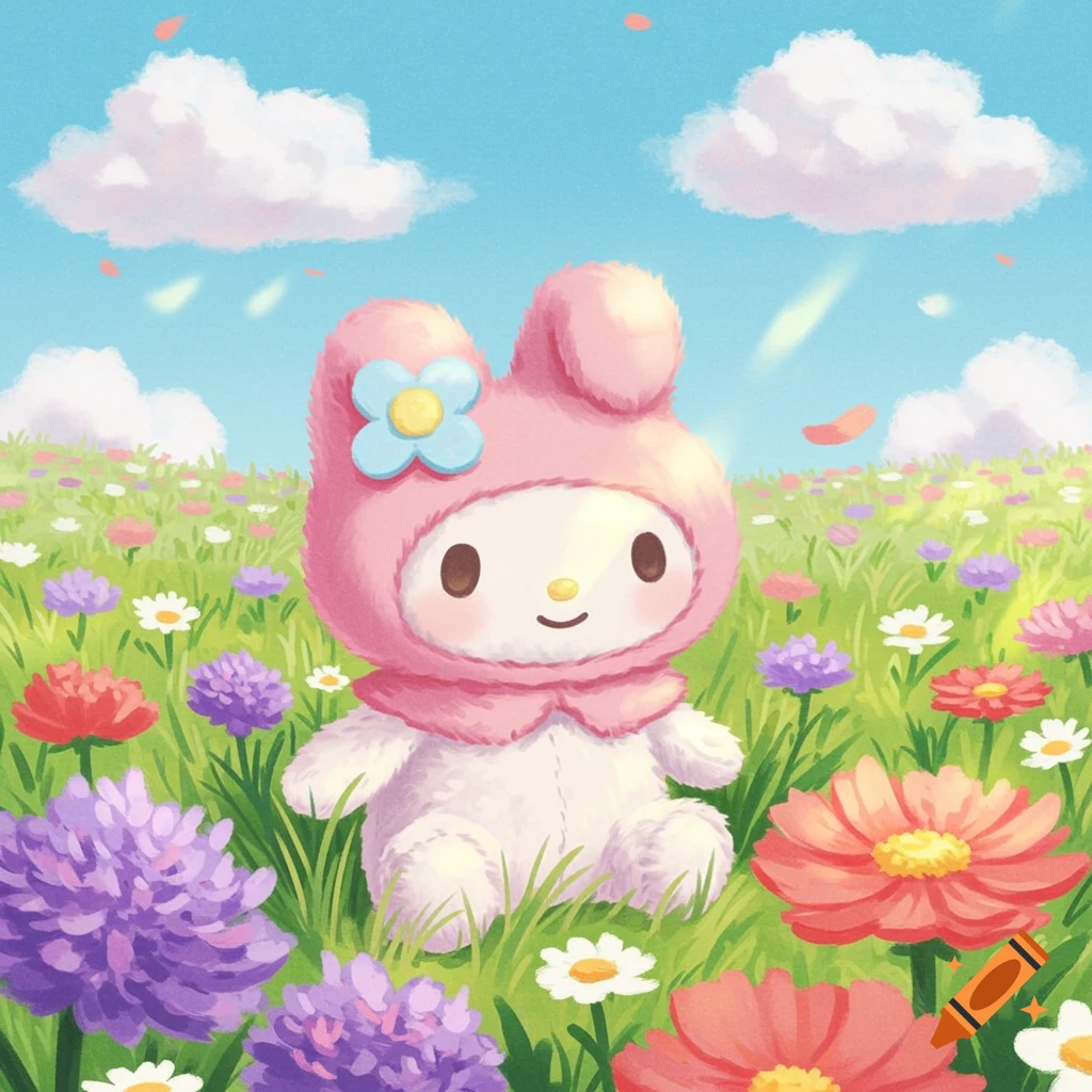 A soft illustration of My Melody, a pink bunny character, sitting in a field of colorful flowers under a blue sky.