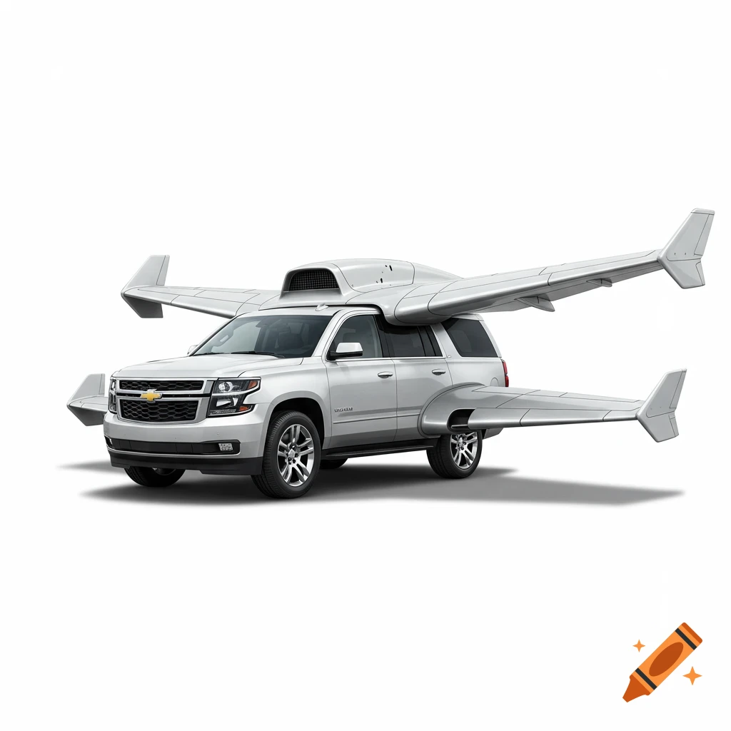 A silver Chevrolet Tahoe SUV with large, silver airplane wings attached to its roof and sides, on a white background.