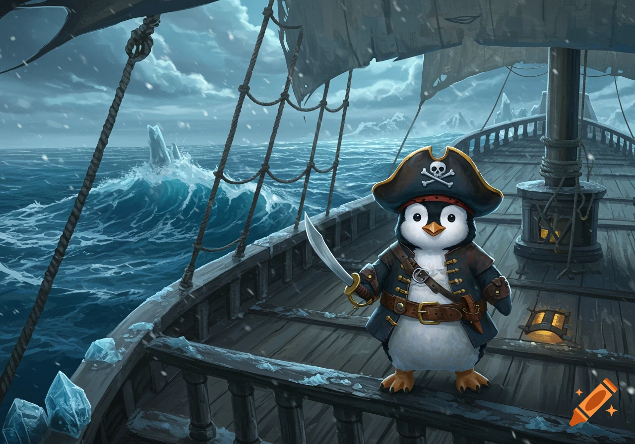 A cute cartoon penguin dressed as a pirate stands on the deck of a ship in a snowy, stormy sea with icebergs.
