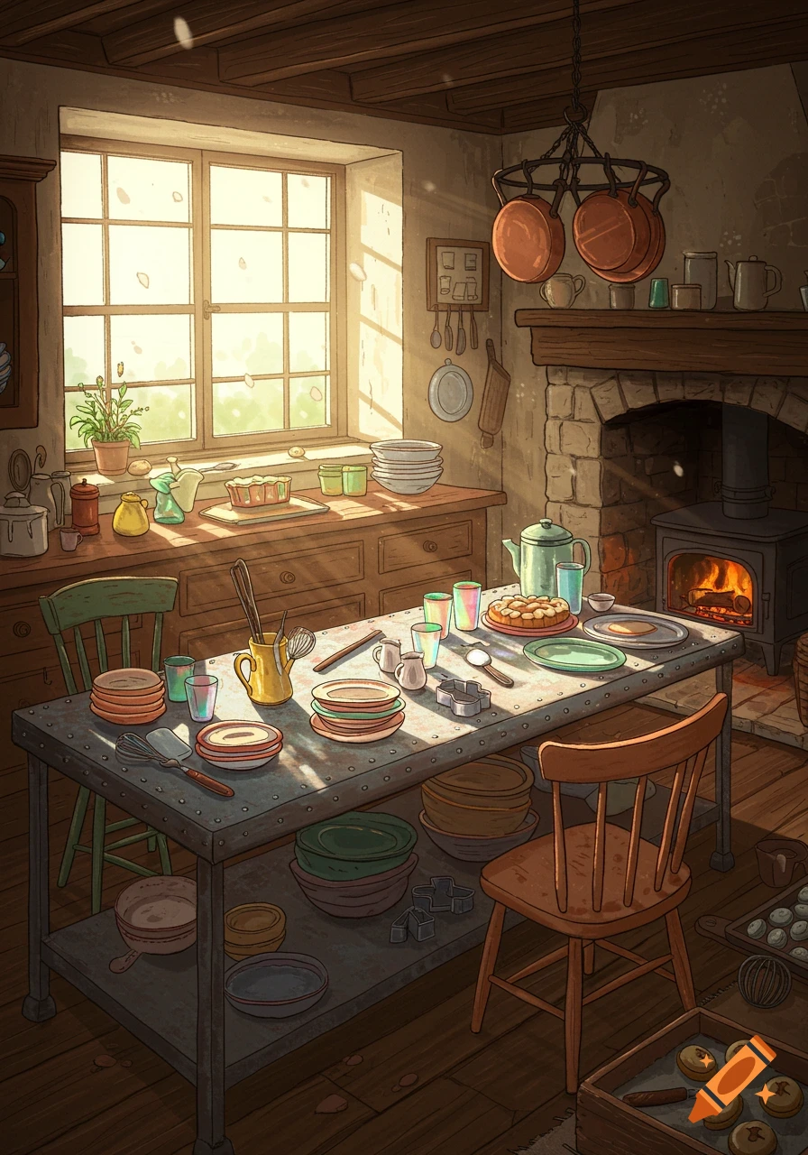 A brightly lit rustic kitchen illustration with a large wooden table, fireplace, and various cooking utensils and dishes.