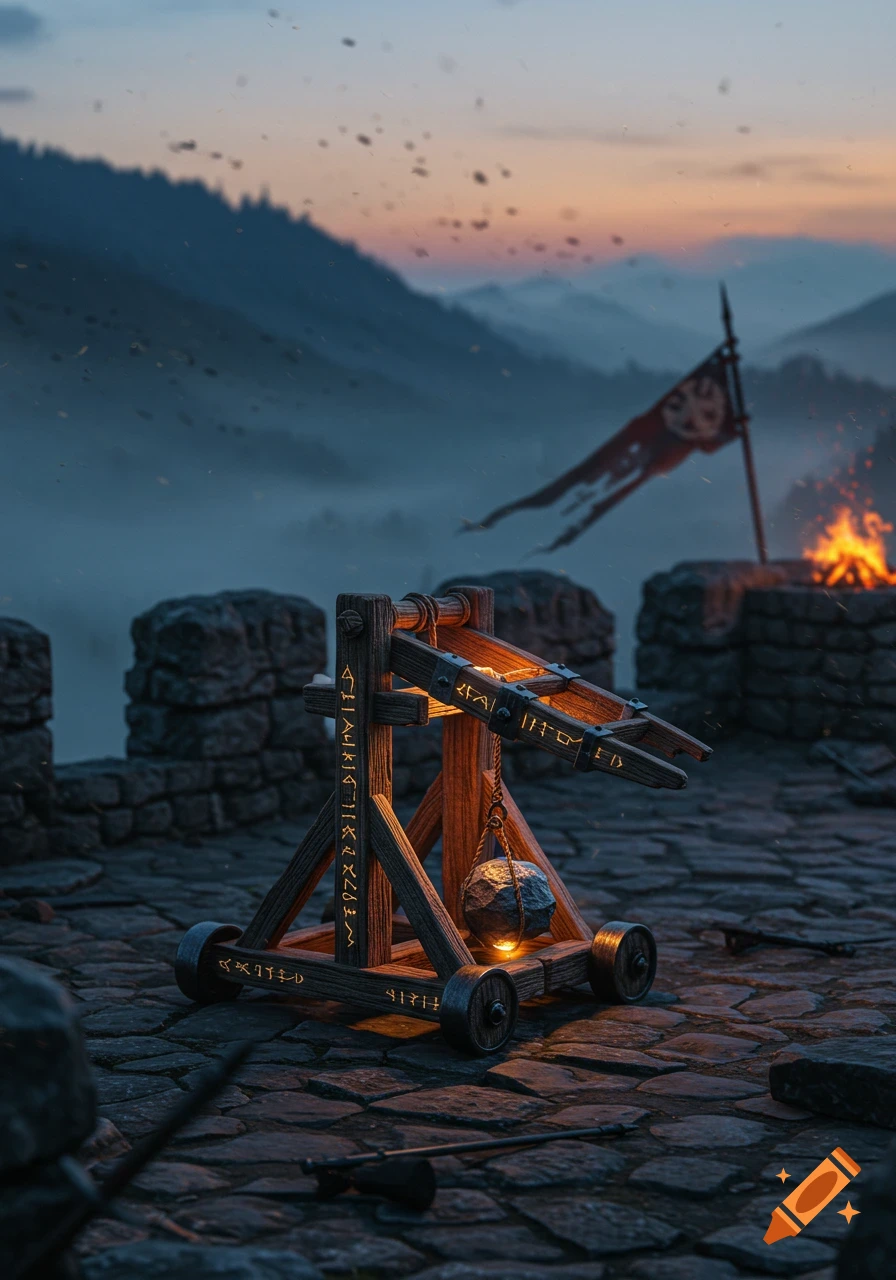 A small wooden siege weapon on a stone castle wall at dusk, with glowing runes, mountains, and a bonfire in the background.