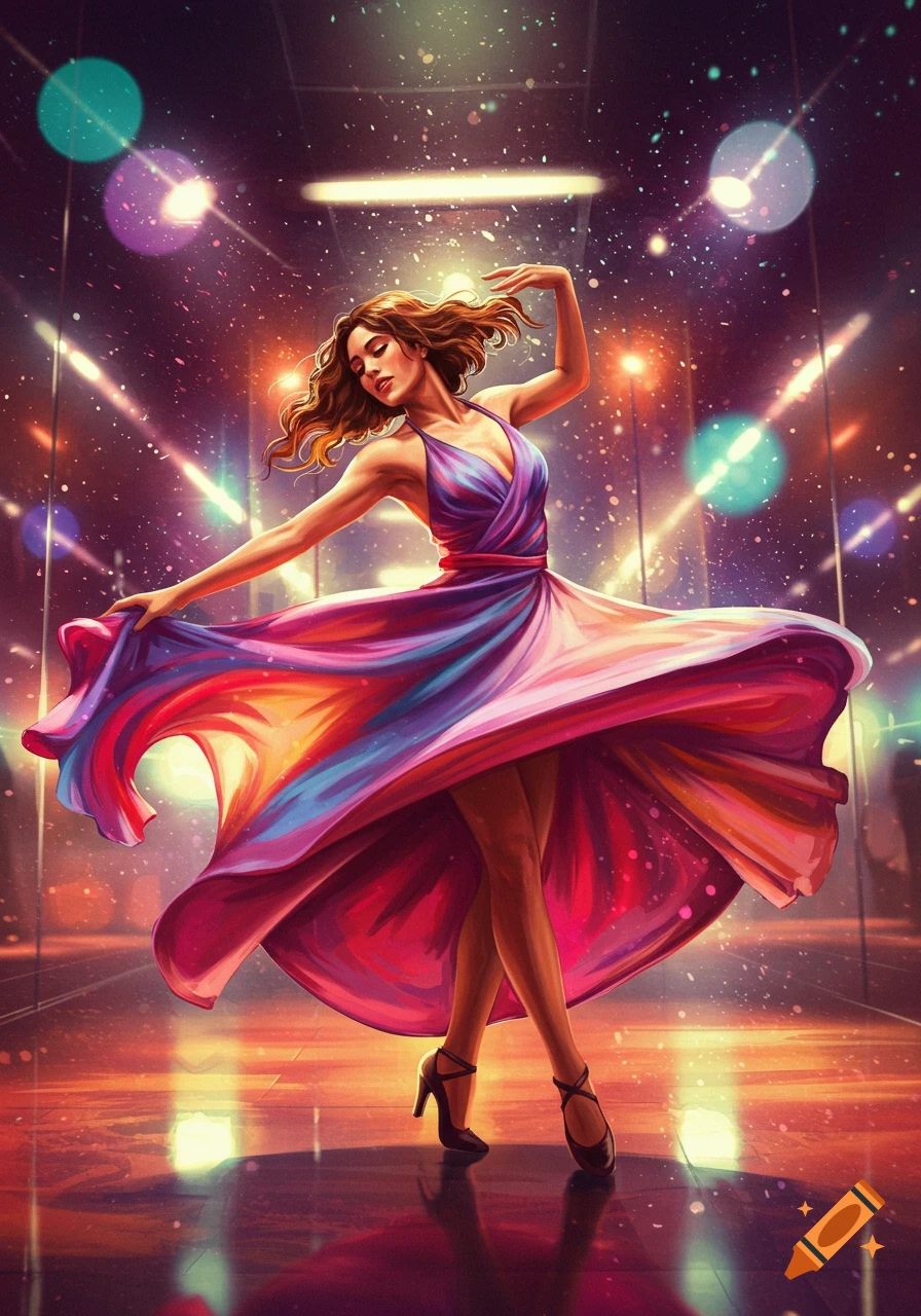 A vibrant illustration of a woman in a flowing, multicolored dress dancing under sparkling lights on a stage.