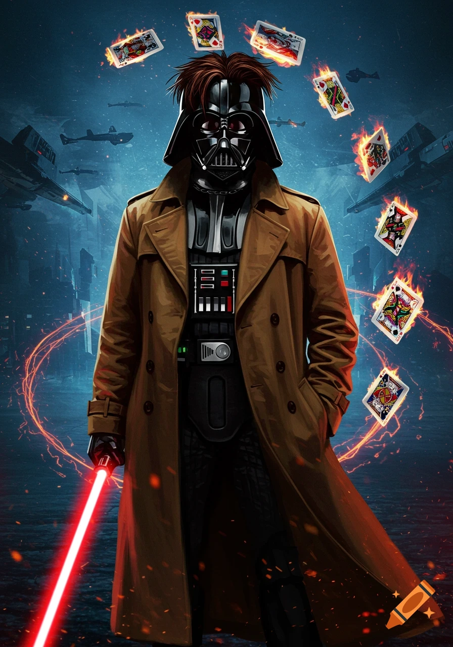 A hybrid character of Darth Vader and Gambit in a tan trench coat and helmet, holding a red lightsaber, with fiery playing cards floating around him in a sci-fi city background.
