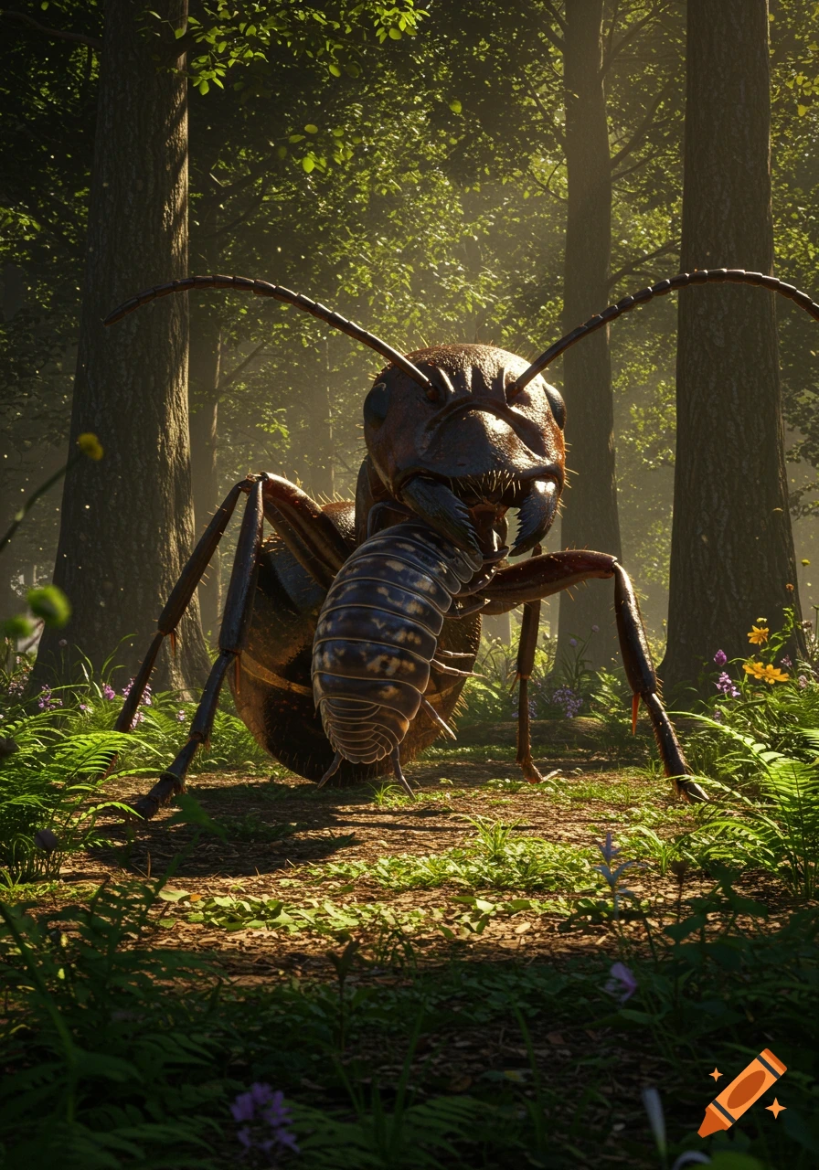 A giant photorealistic ant holding a pill bug in its mandibles in a sunlit forest.