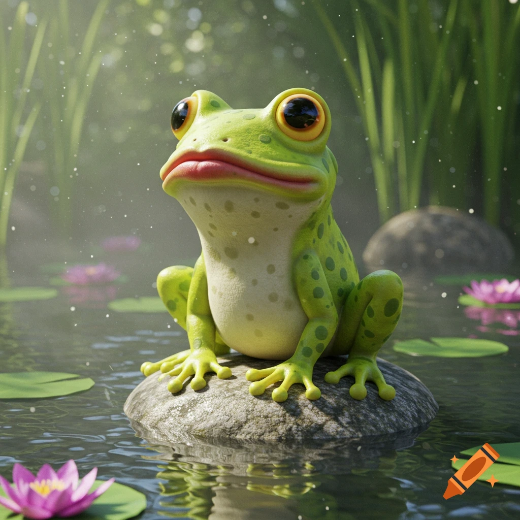 A cute, cartoonish green frog with large lips and big eyes sits on a rock in a pond with lily pads and water lilies.