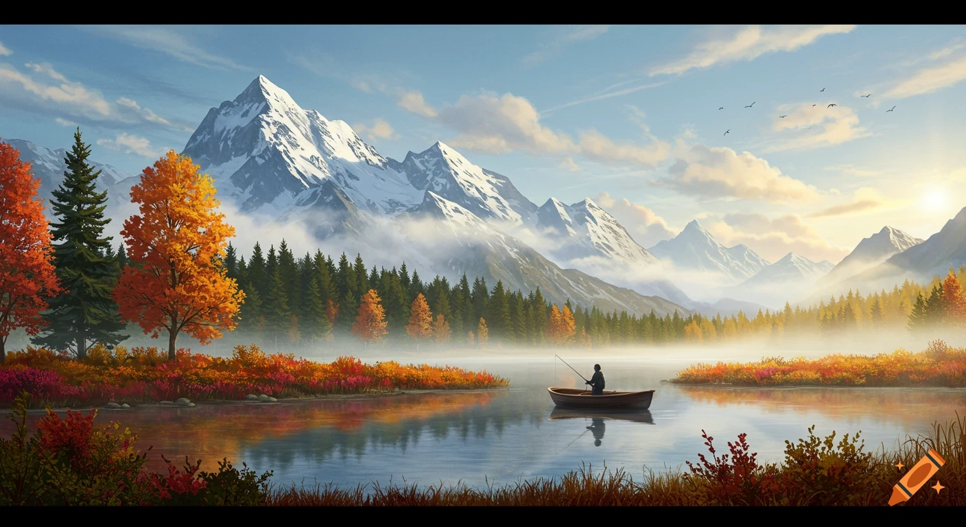 A serene autumn landscape with snow-capped mountains, a misty lake, vibrant trees, and a lone person fishing from a small boat.