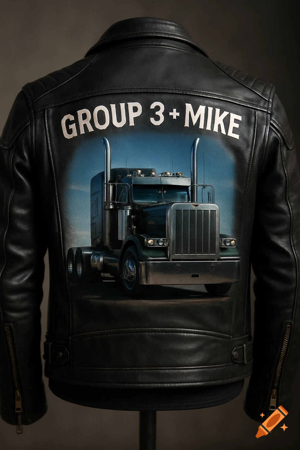 A black leather jacket with an airbrushed image of a semi-truck and the text 'GROUP 3 + MIKE' on the back.