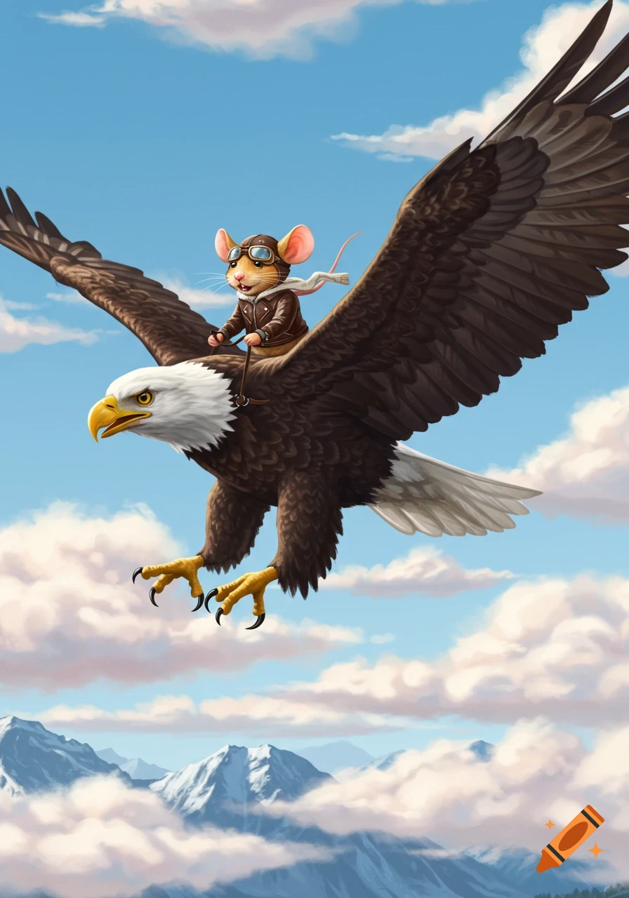 An adventurous field mouse in aviator goggles rides on the back of a bald eagle, soaring through a blue sky above snowy mountains.