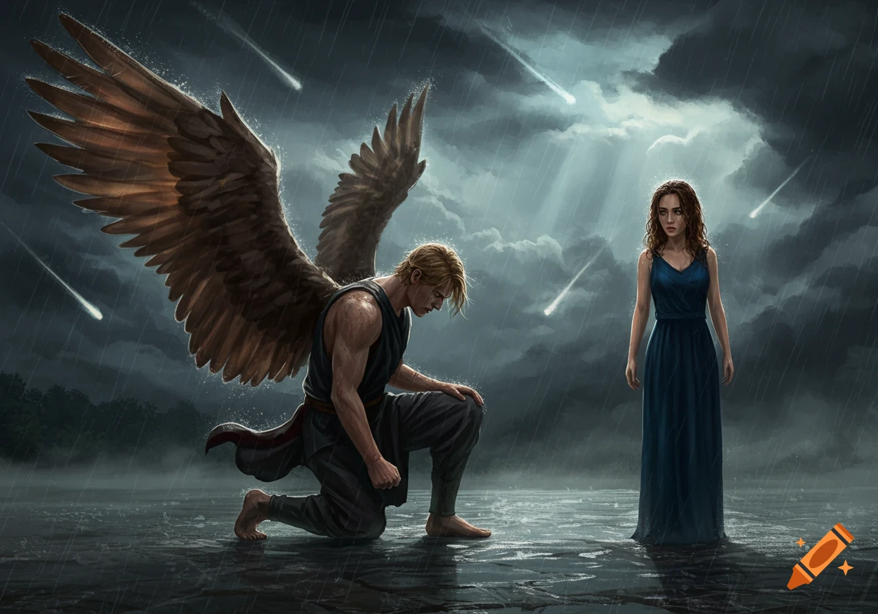 A male angel with large wings kneels in the rain as shooting stars fall from a dark, stormy sky, facing a woman in a blue dress.