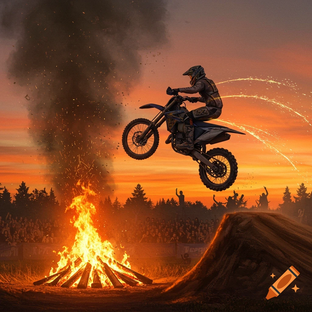 A dirt bike rider jumps high over a large bonfire, silhouetted against an orange sunset with a crowd watching.