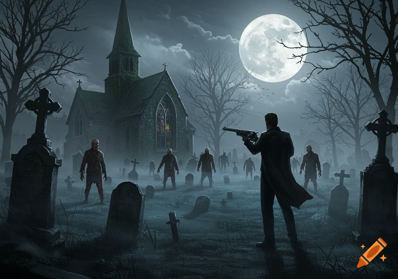 A man with a gun faces approaching zombies in a foggy graveyard under a full moon, with a gothic church behind him.