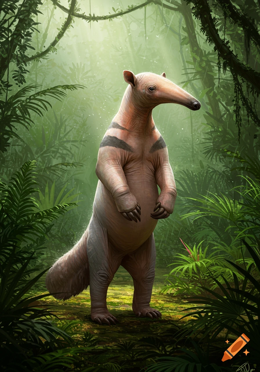 A hairless, bipedal anteater stands upright in a lush, green jungle with sunlight filtering through the canopy.