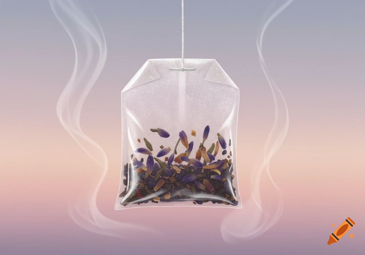 A transparent tea bag filled with lavender and dark herbs, with wisps of steam rising, against a soft gradient background.