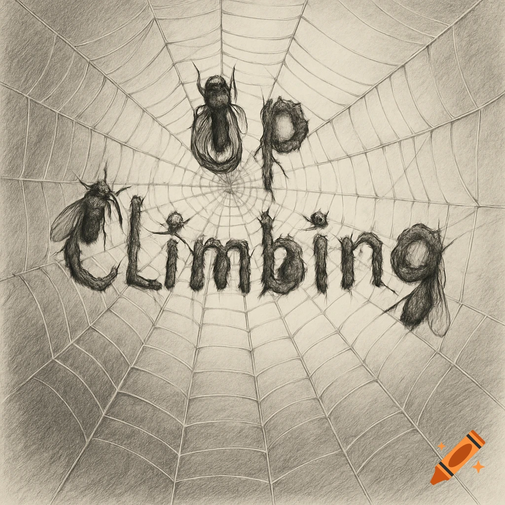 A monochrome hand-drawn pencil sketch of a spider web with insects forming the words 'Up Climbing'.