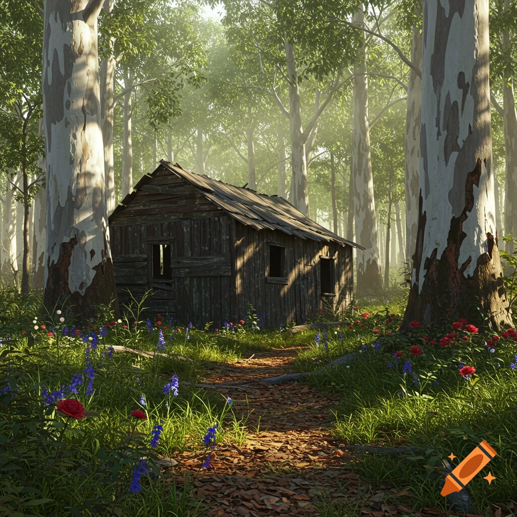 An old, weathered wooden hut sits on a dirt path amidst tall gum trees and vibrant blue and red wildflowers in a sun-dappled forest.