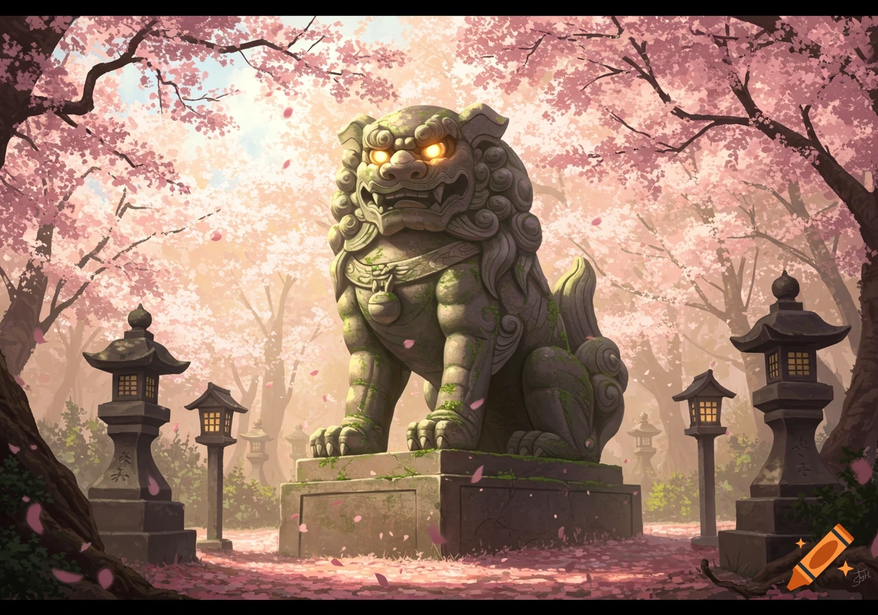 A moss-covered Komainu statue with glowing eyes stands under vibrant pink cherry blossom trees, surrounded by Japanese lanterns.